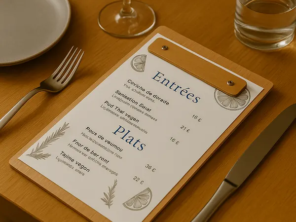 Carte de menu imprimée fixée sur un support bois, sur une table dressée