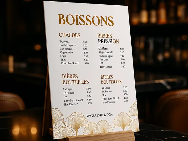 Chevalet de table présentant une carte des boissons imprimée