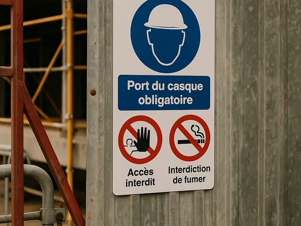 Panneau de consignes de sécurité imprimé, fixé sur une palissade de chantier