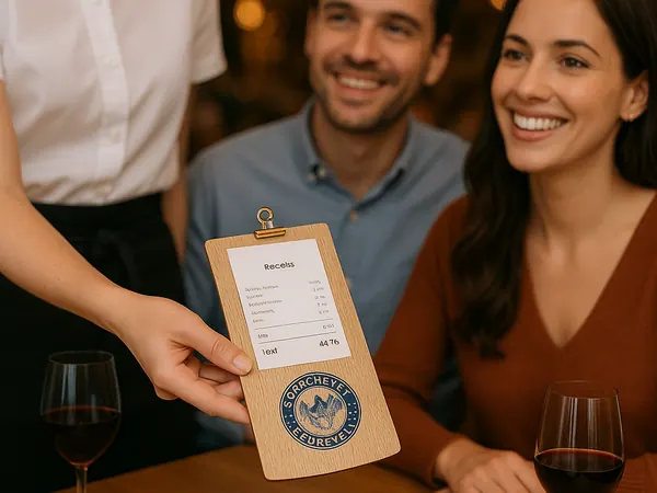 Porte-addition personnalisé remis à une table de clients